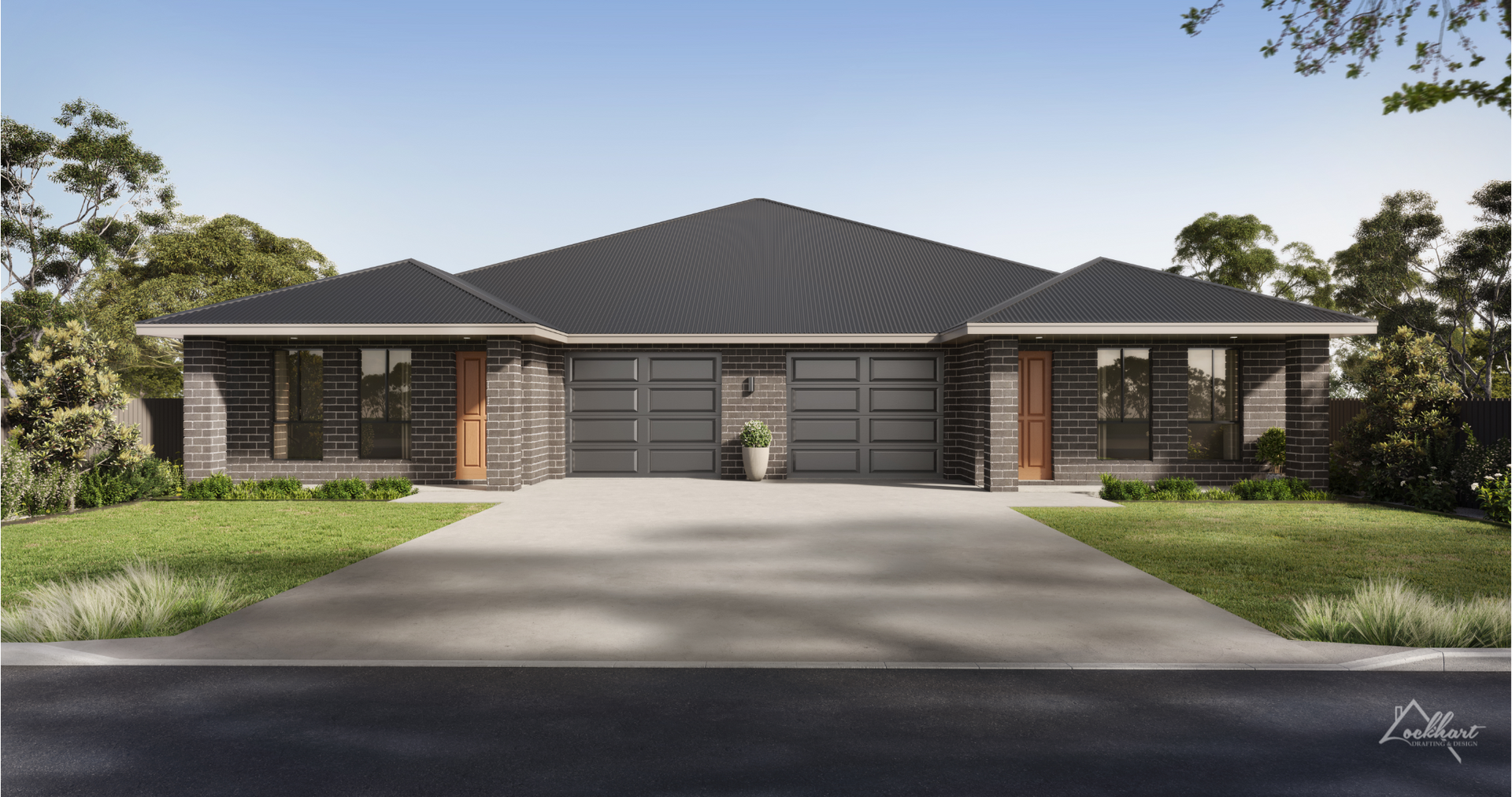 Two attached modern homes with dark gray brick, driveways, and green lawns.