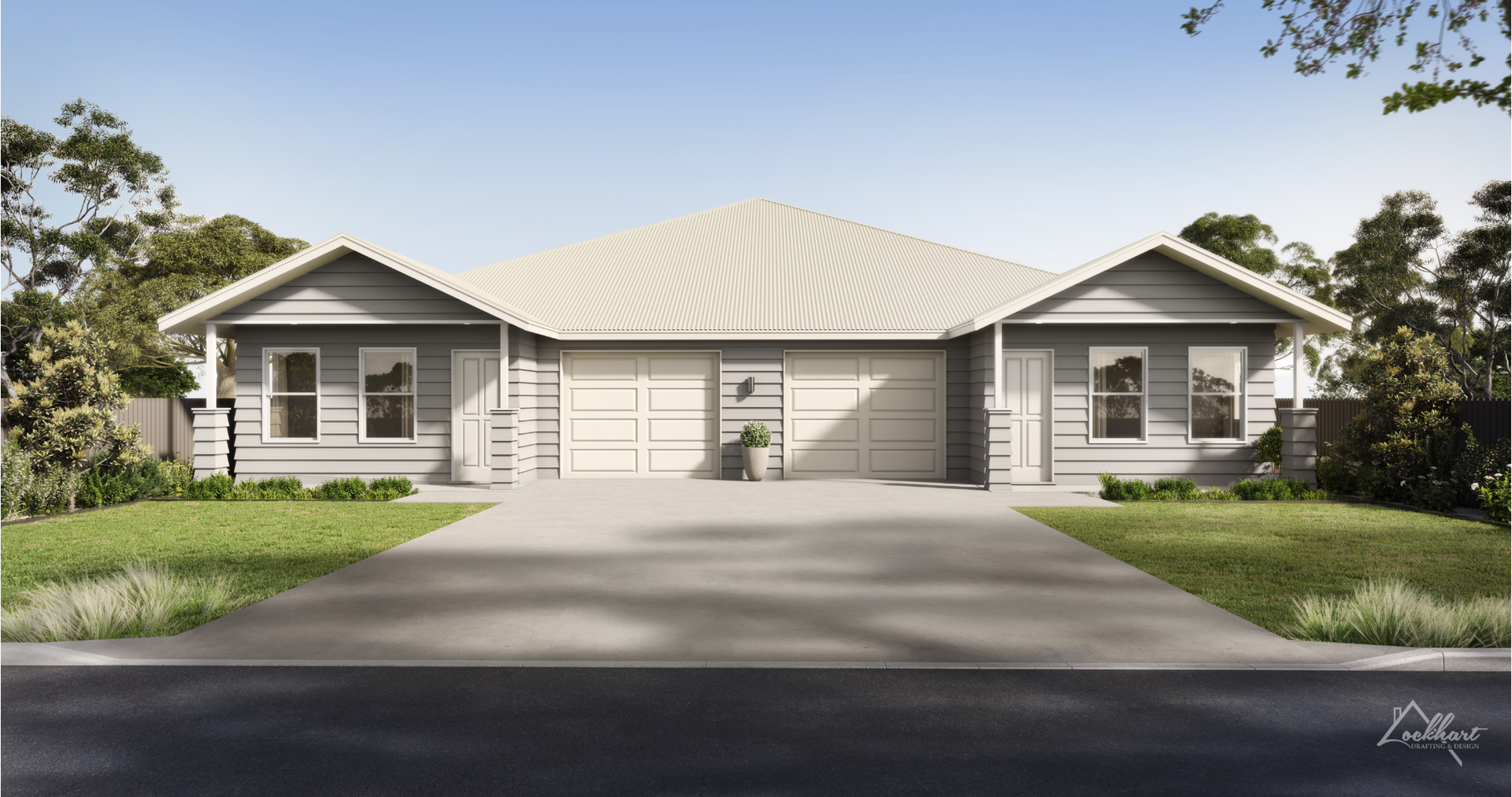 Two gray duplexes with white garage doors and a shared driveway, on a grassy lot.