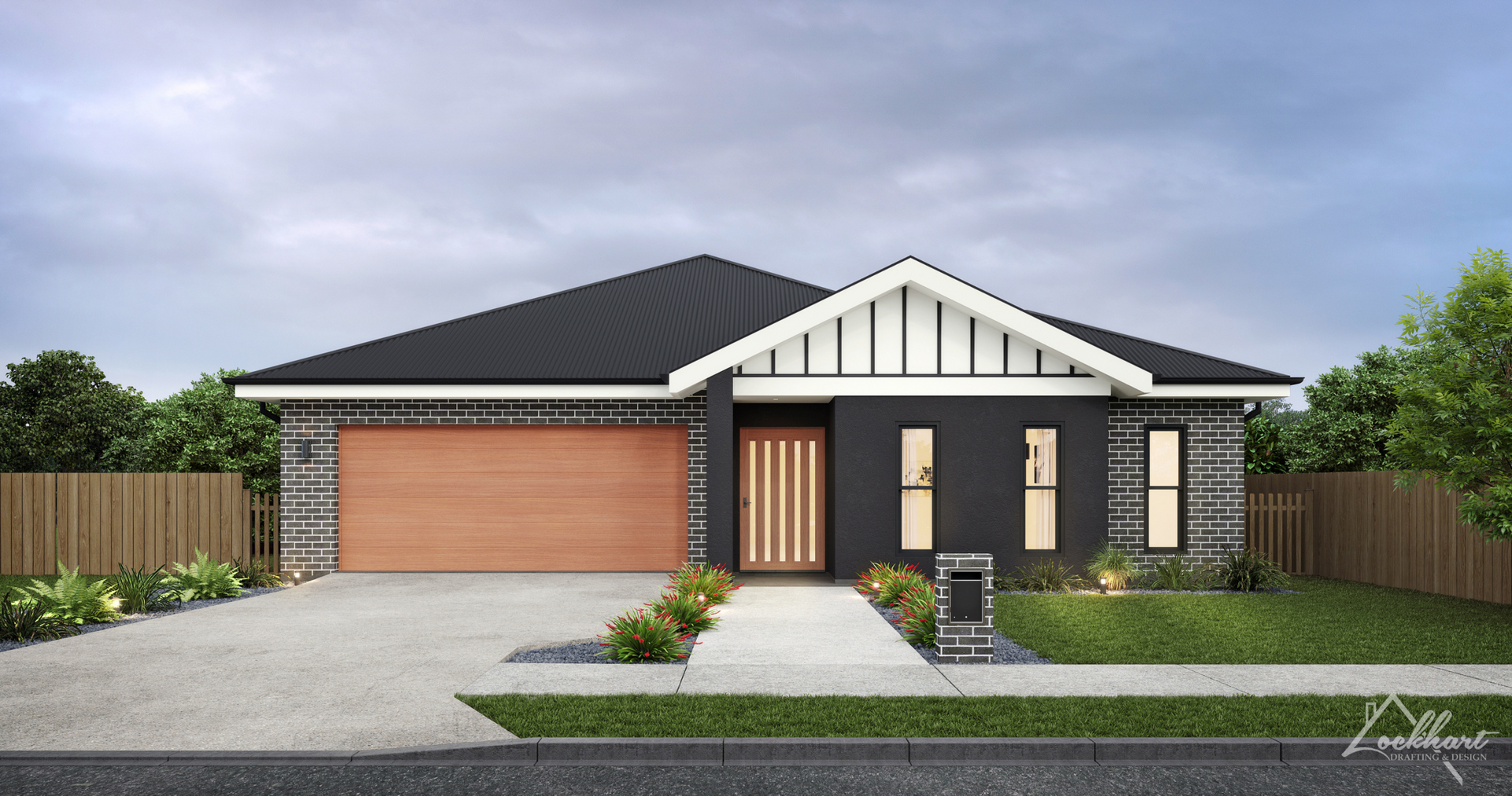 Modern one-story house with dark roof and trim, gray brick, brown garage door, and lush landscaping.