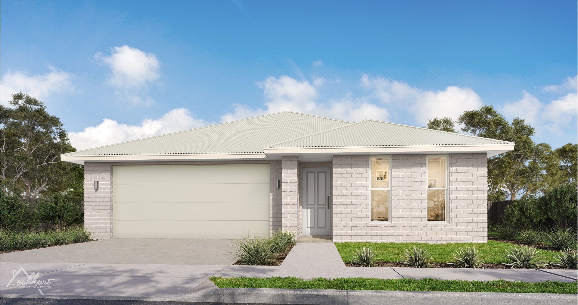 Single-story modern house with light brick exterior, garage, front door, and small windows on a sunny day.