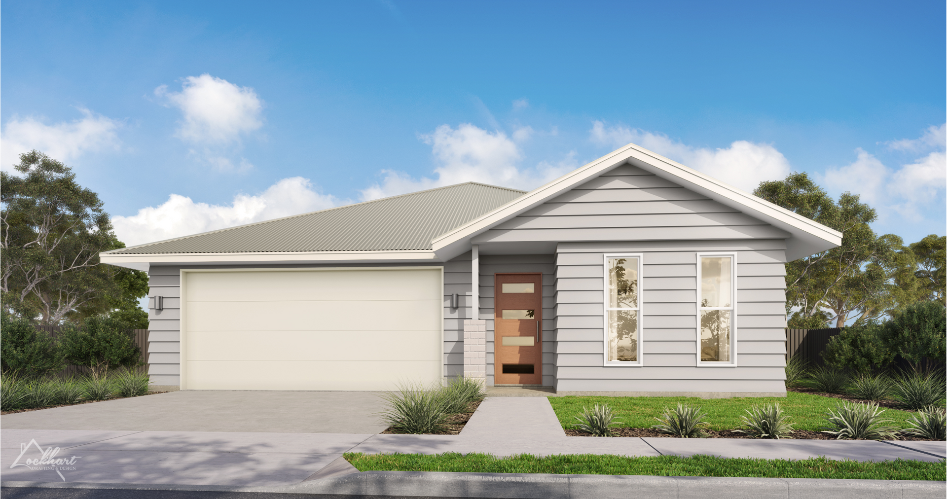 Light gray house with garage door, front door, and two vertical windows under a blue sky.
