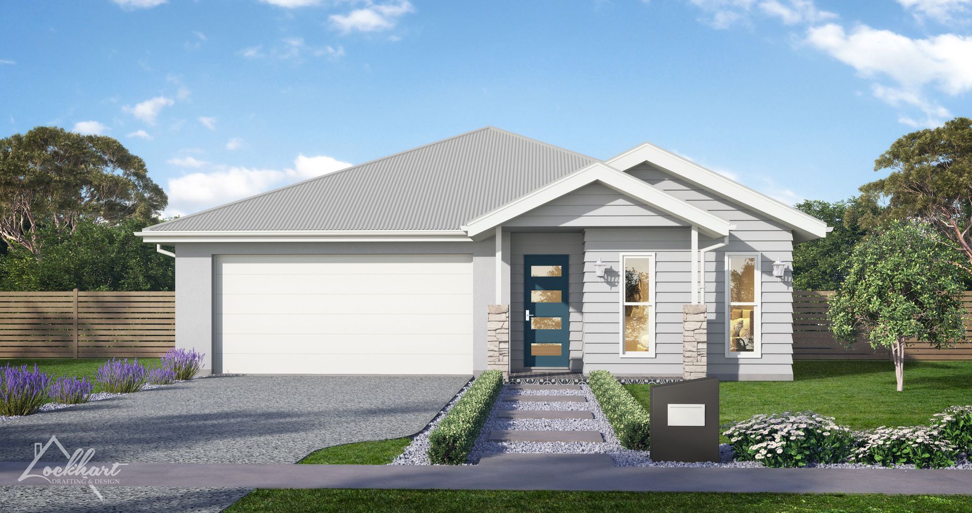 Modern gray house with garage, blue front door, and manicured lawn.