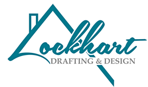 Logo for Lockhart Drafting & Design featuring a stylized turquoise house outline and handwritten text.