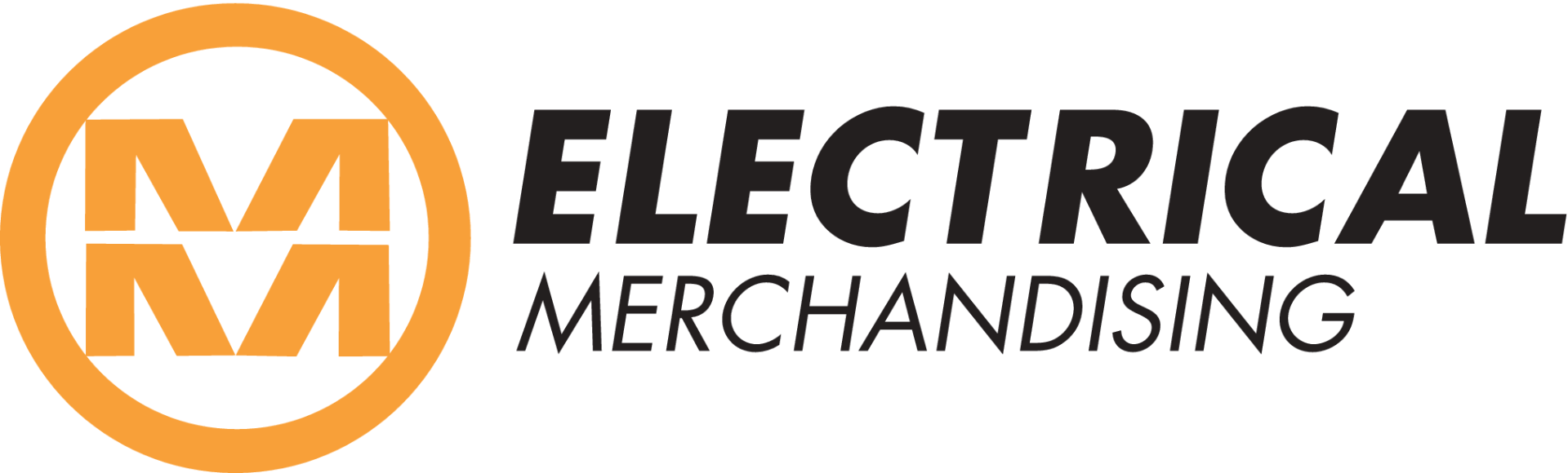 Logo of Electrical Merchandising: Orange circle with stacked 