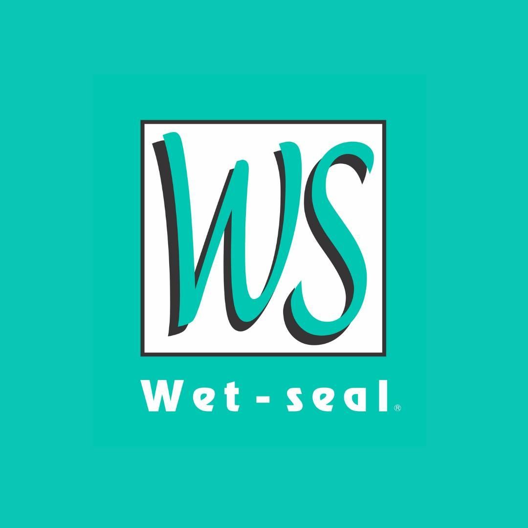 Logo for Wet-seal, a white square within a teal square contains the turquoise letters 