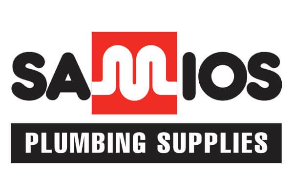 Logo for SAMIOS Plumbing Supplies, bold black text over a red square with white plumbing symbol. Black rectangle below reads 