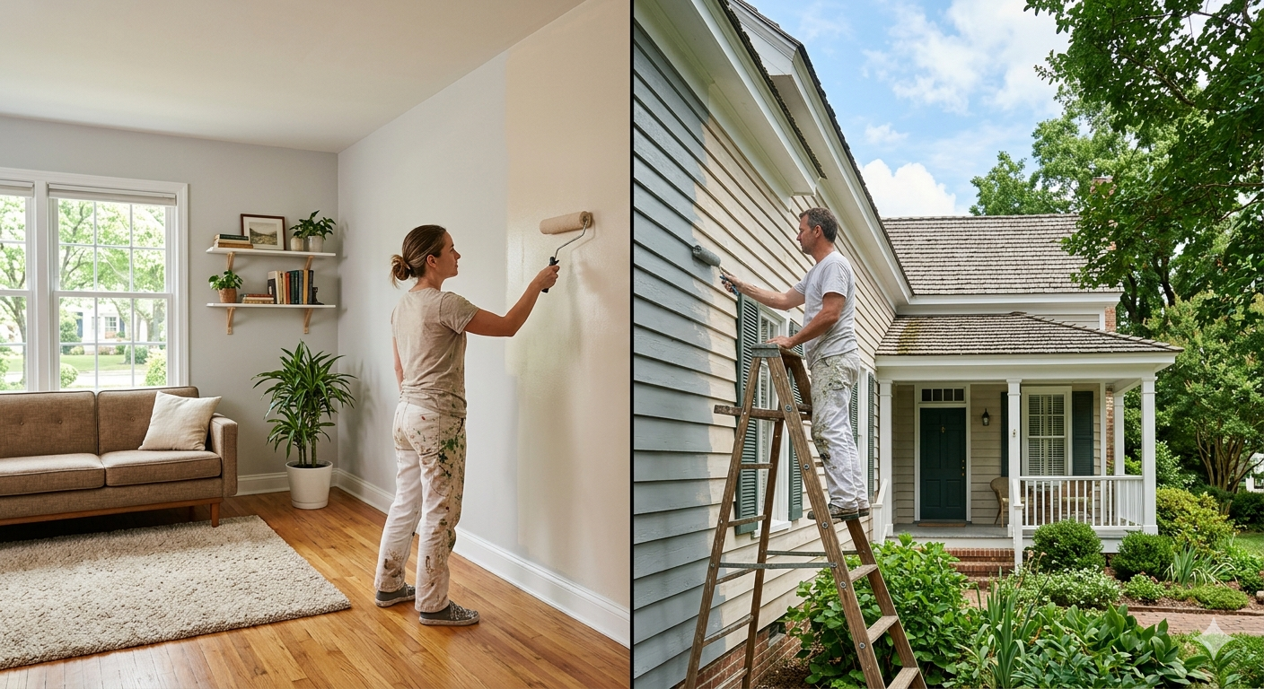 Split screen: A person painting an interior living room wall and a person painting the exterior siding of a house.