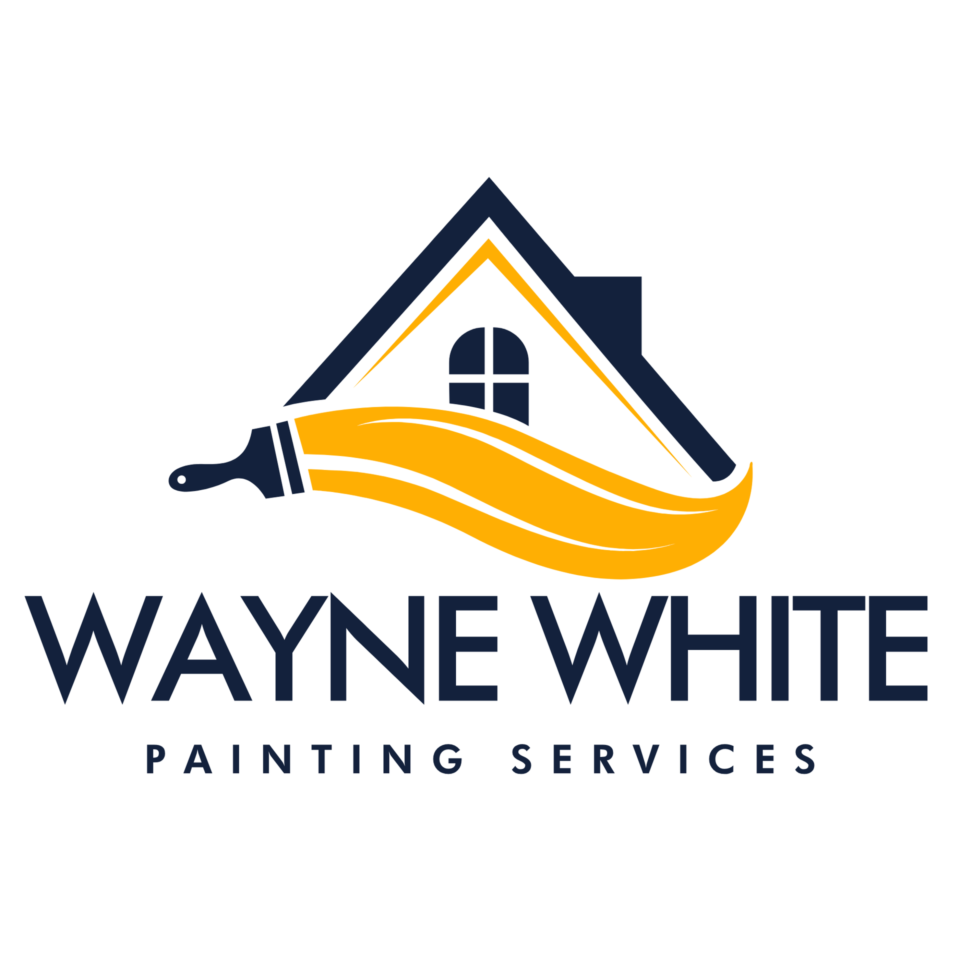 Logo for Wayne White Painting Services, featuring a blue house outline with a yellow paintbrush stroke, and company name.