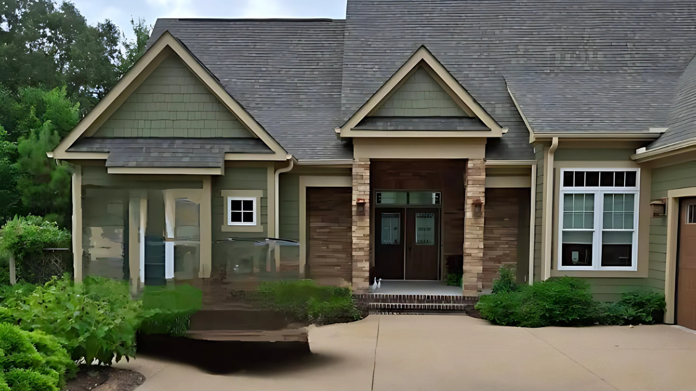 Green house with a brown brick entrance, windows, and a two-car garage in a suburban setting.