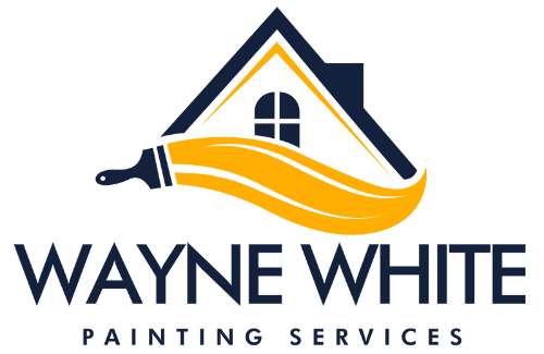 Logo for Wayne White Painting Services, featuring a house silhouette with a paint brush and a paint stroke in yellow.