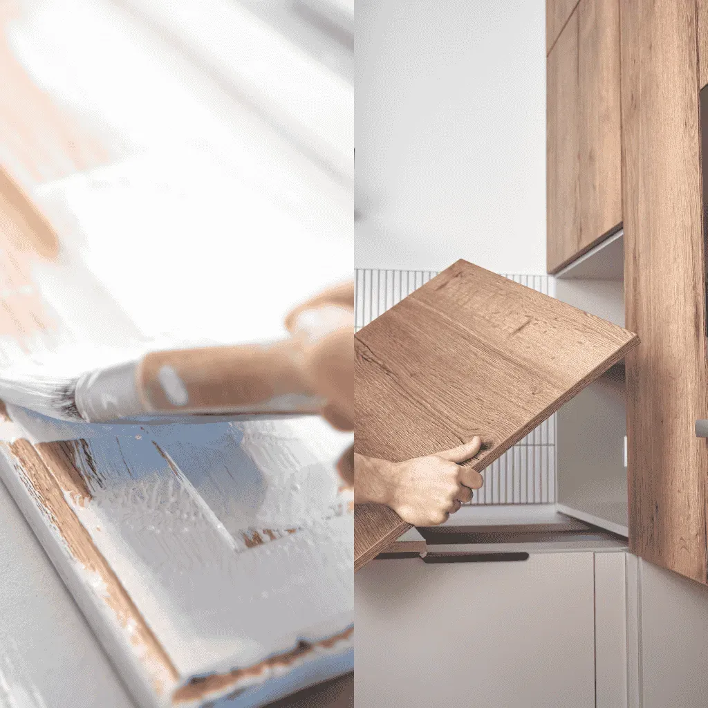A split screen showing a hand painting a wooden surface white on the left and installing a wooden cabinet panel on the right.