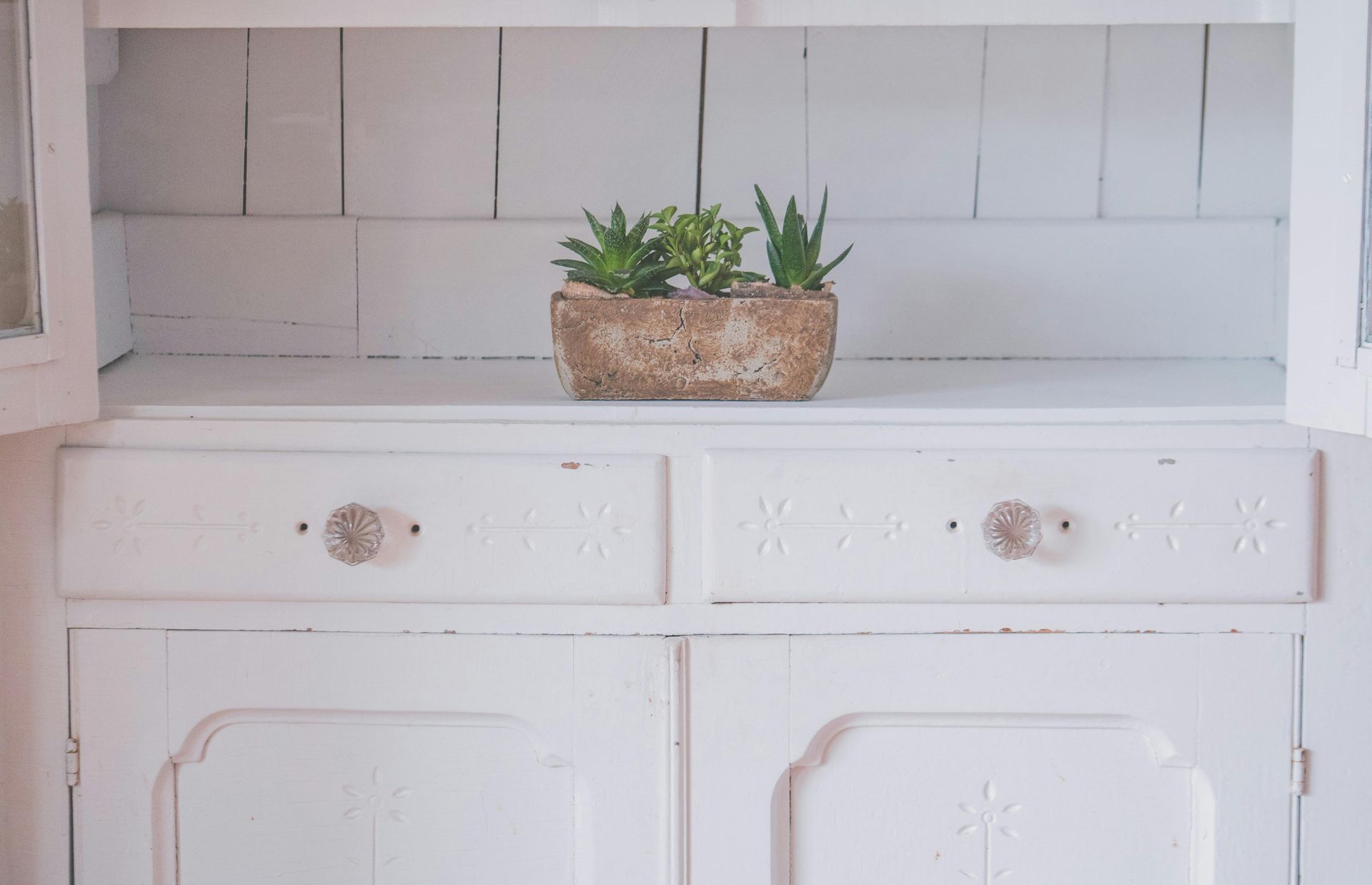 White cabinet with open doors and two drawers. A rectangular planter filled with succulents sits on the top shelf.