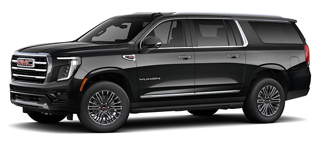 A black gmc yukon suv is shown on a white background.