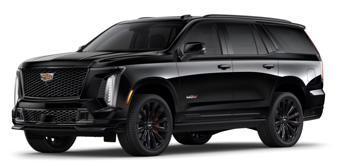 A black cadillac escalade is shown on a white background.