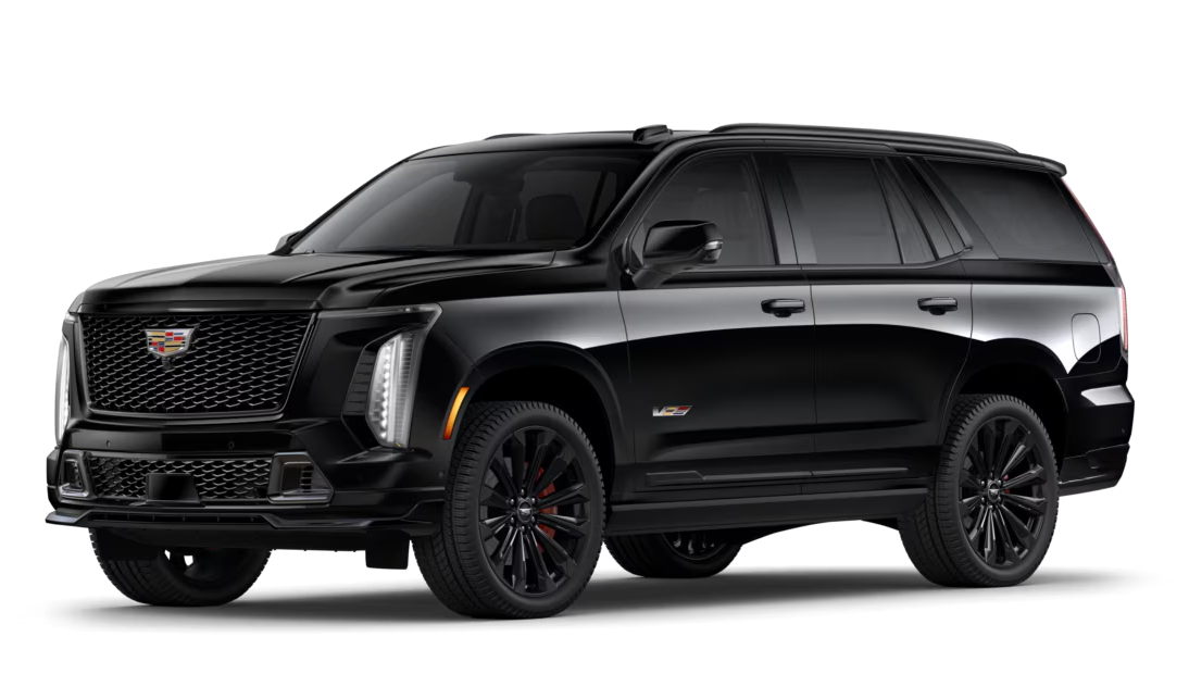 A black cadillac escalade is shown on a white background.