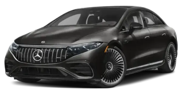 A black mercedes benz eqs is shown on a white background.