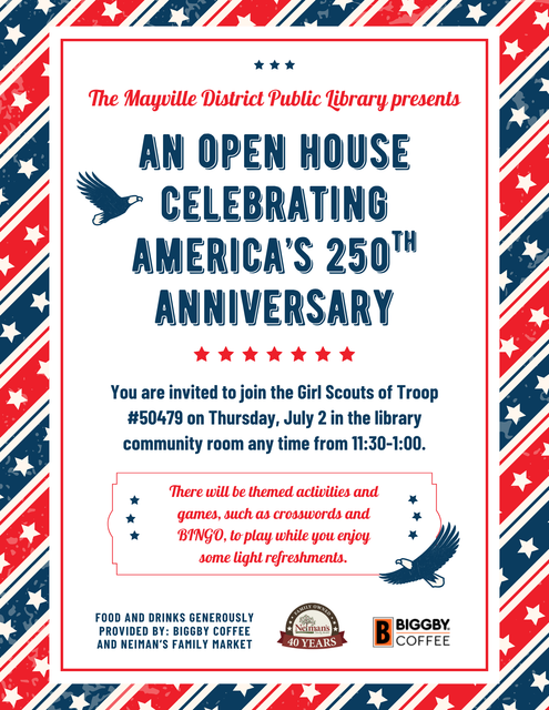Poster for an open house celebrating America’s 250th anniversary at the library, in red, white, and blue.