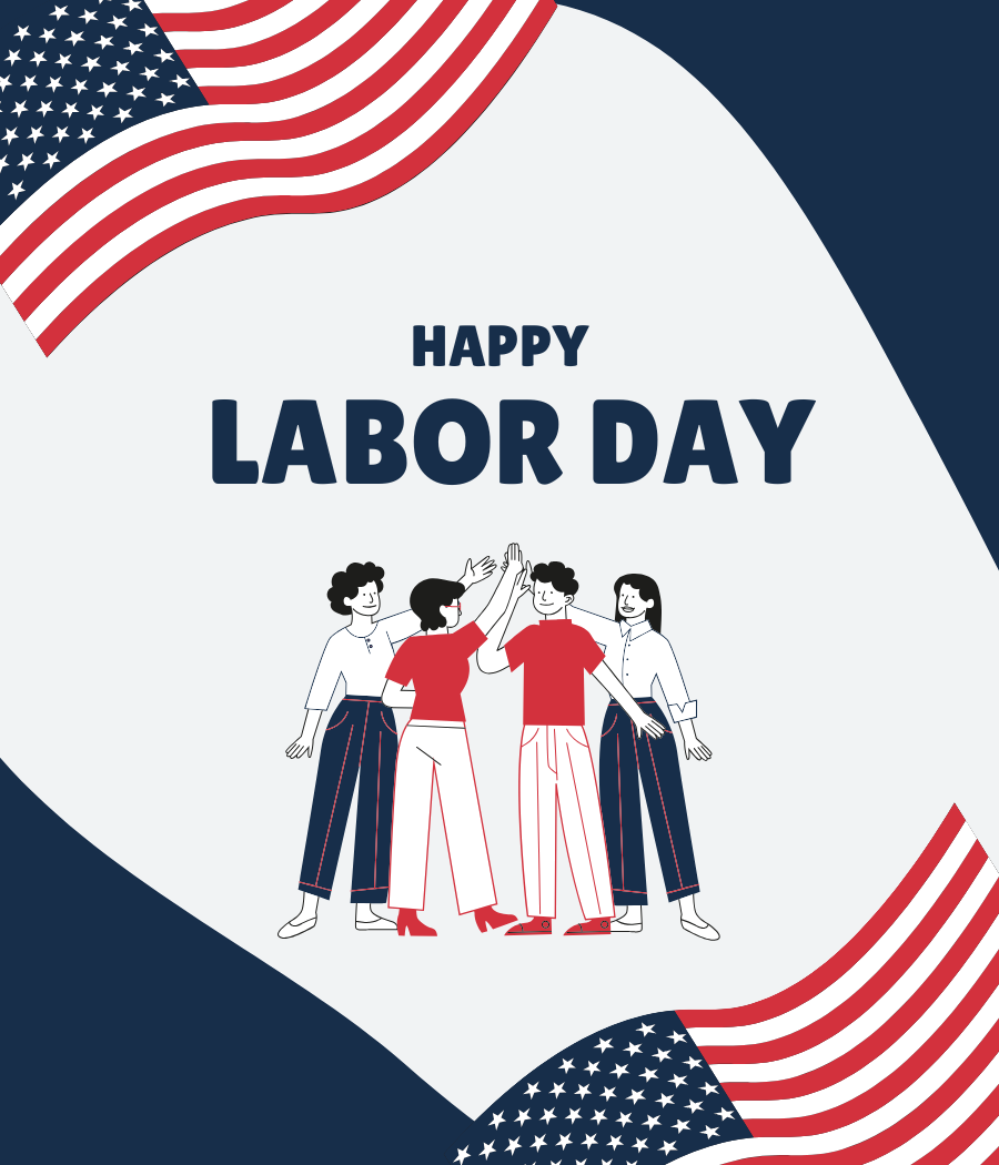 A Happy Labor Day greeting with waving American flags and people celebrating.