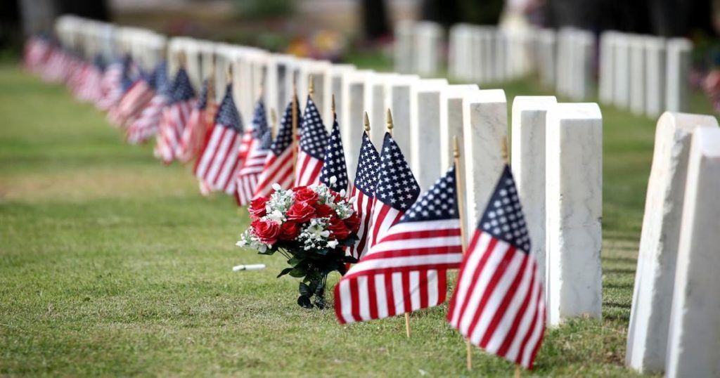 A row of graves with american flags on them in a cemetery.