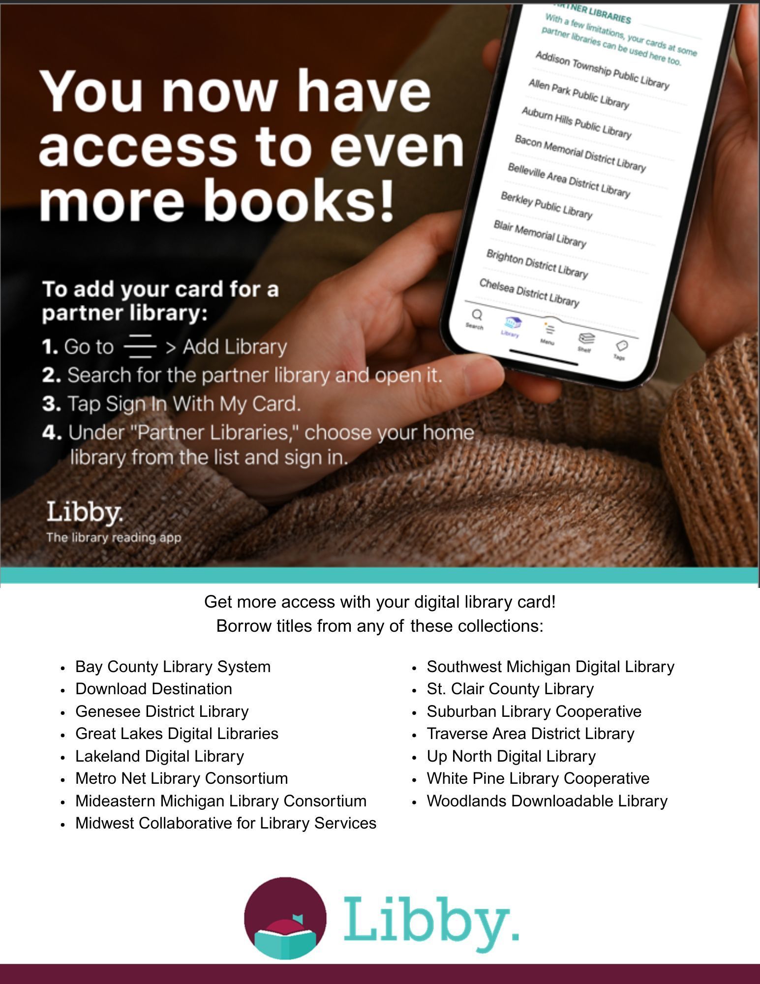 Ad promoting access to more books using the Libby app. A phone displays a list of library options.