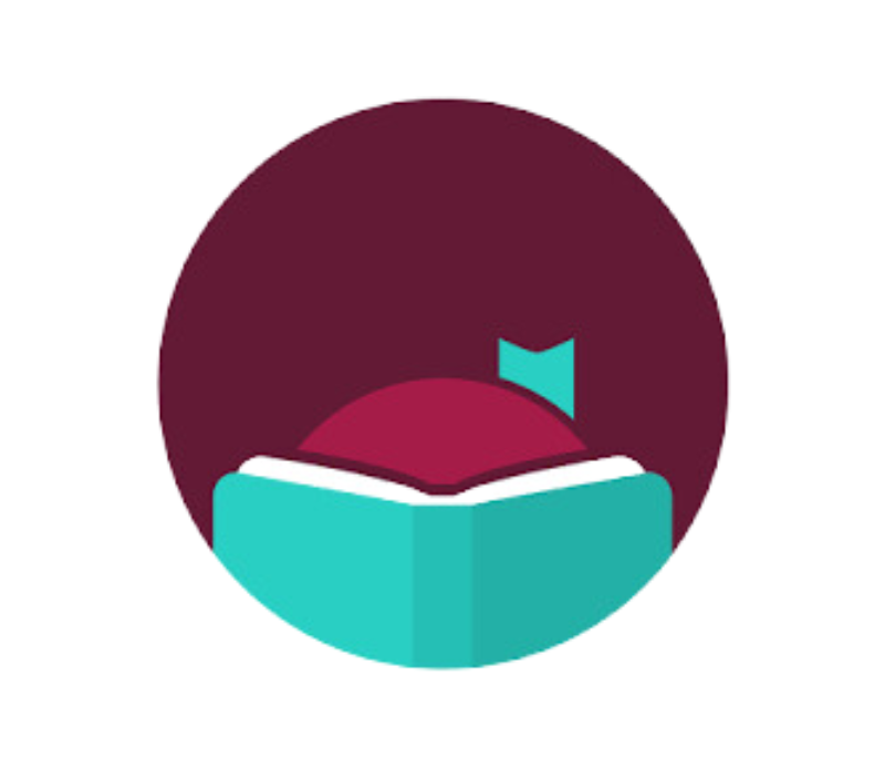 An open book with a bookmark in a circle.