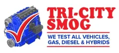 Logo for Tri-City Smog. A red check mark over a blue engine. Red text reads: TRI-CITY SMOG. White text: We test all vehicles, gas, diesel, & hybrids.