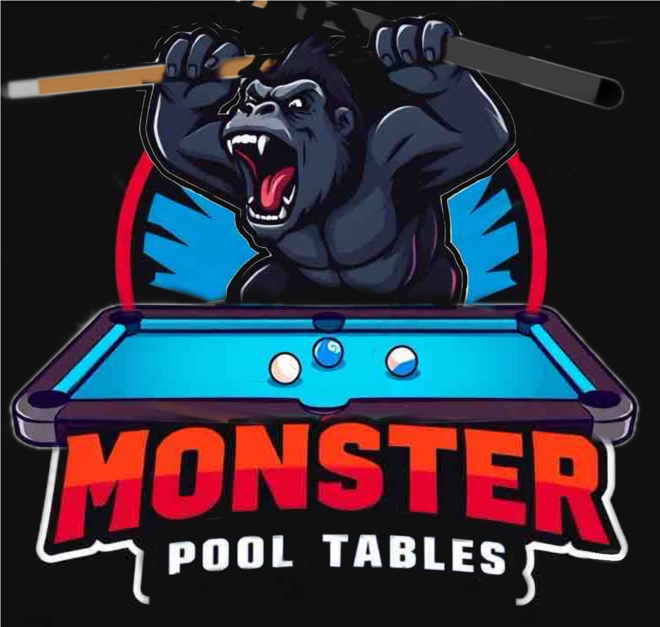 A monster pool tables logo with a gorilla holding a pool cue
