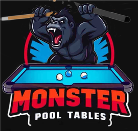 A monster pool tables logo with a gorilla holding a pool cue