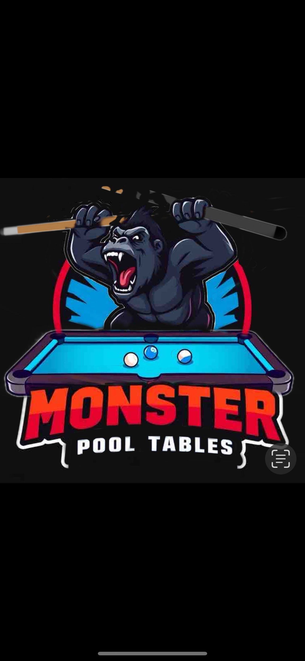 Logo for Monster Pool Tables: Gorilla holding pool cues, screaming, over a pool table and text.