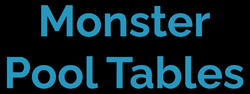 The words monster pool tables are written in blue on a black background.