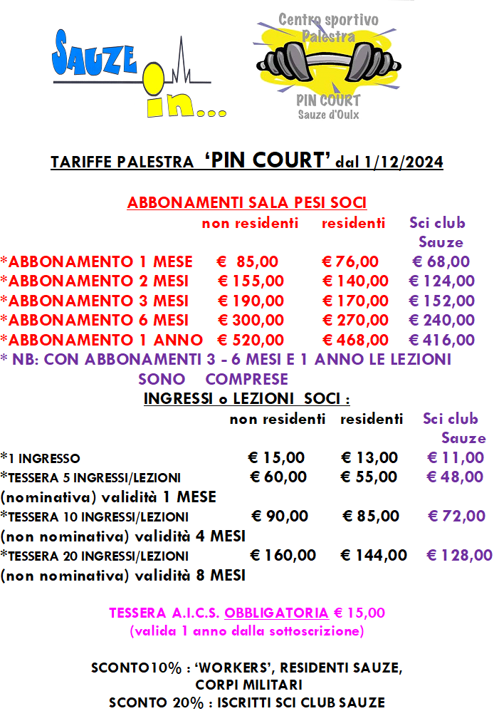 Un listino prezzi per una palestra chiamata pin court