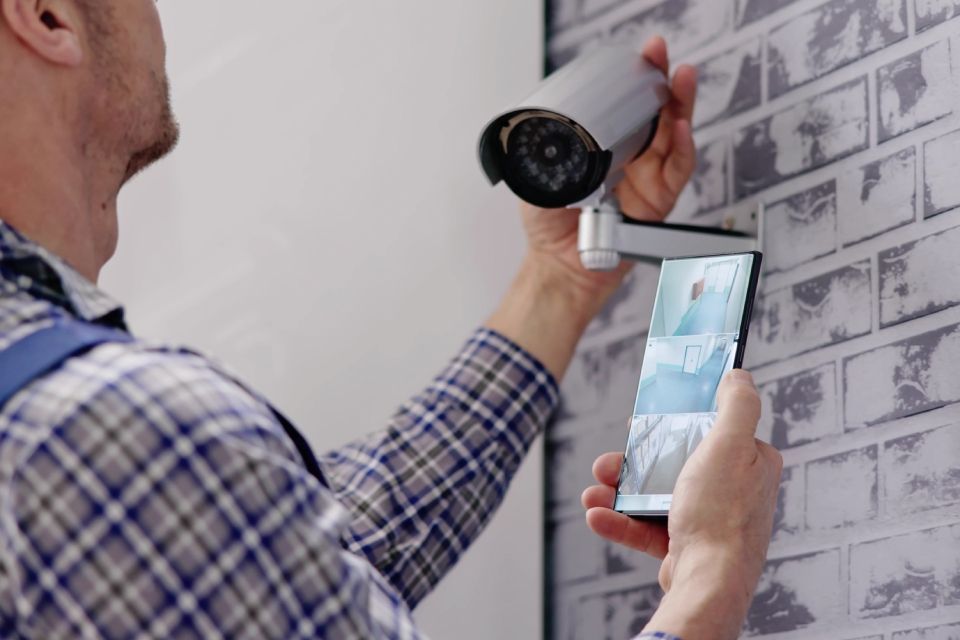 A man is installing a security camera on a brick wall while holding a cell phone.