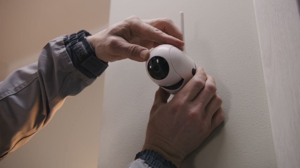 A person is installing a security camera on a wall.