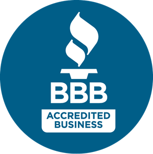 A blue circle that says bbb accredited business