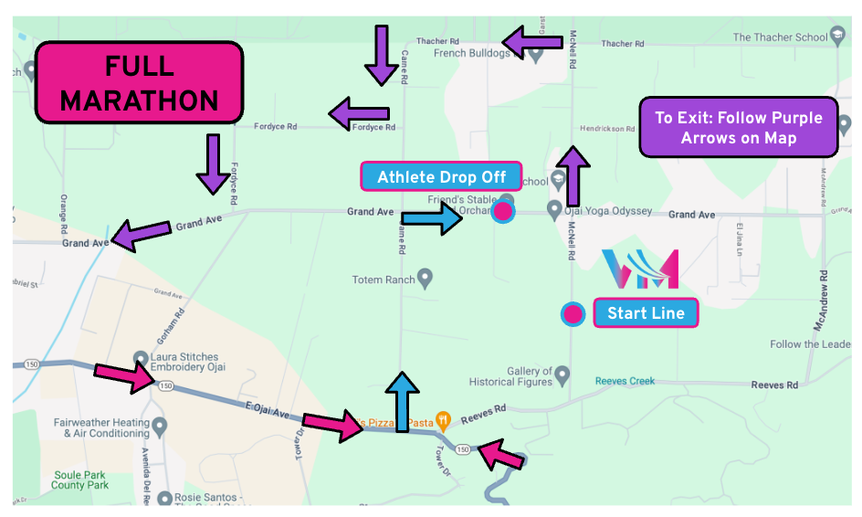 Map showing athlete drop off directions for the Ventura Marathon.