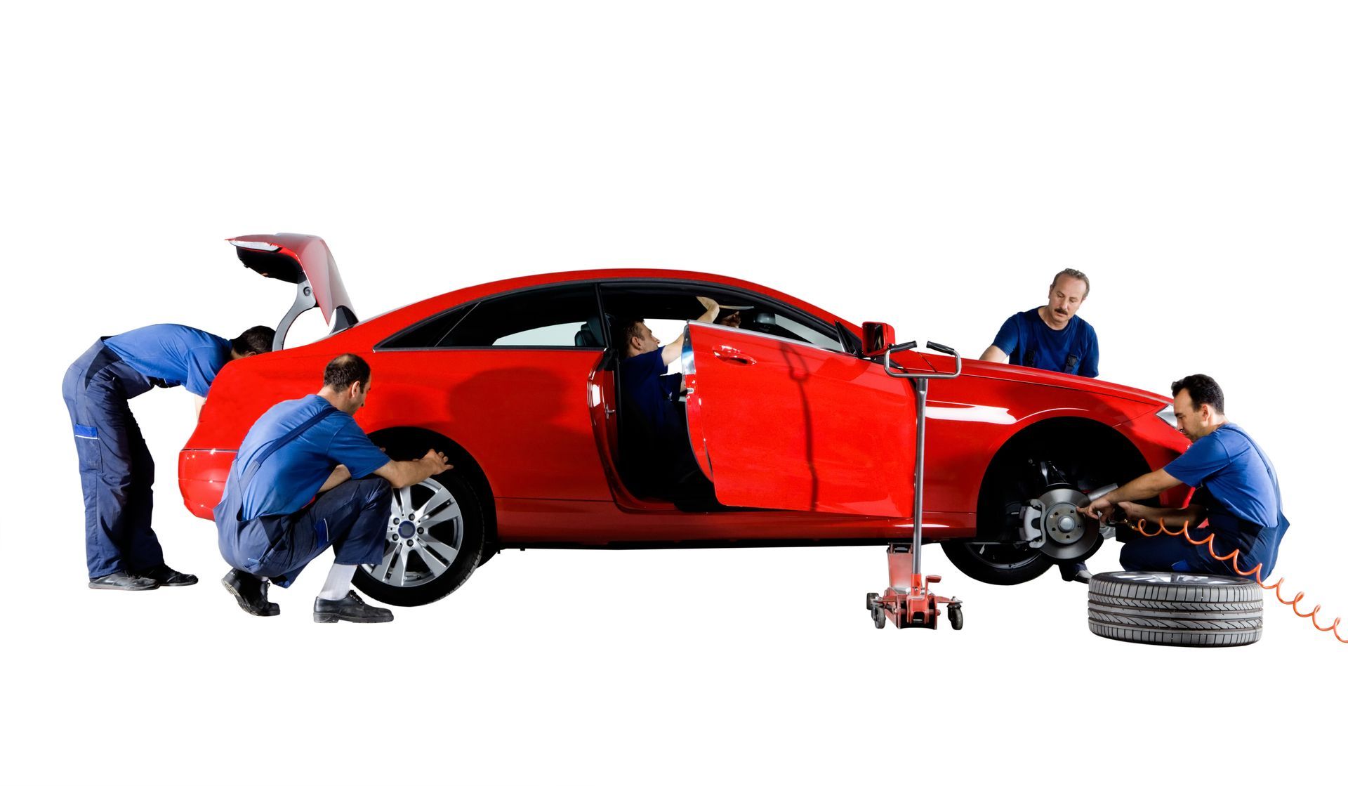 A Photo Of Red Car And Mechanics — Smock, PA — Tri -Tech Auto Repair Center LLC