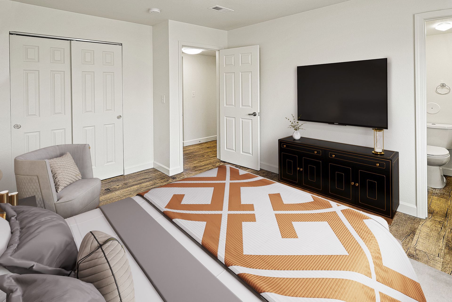 three bed two bath master bed staged