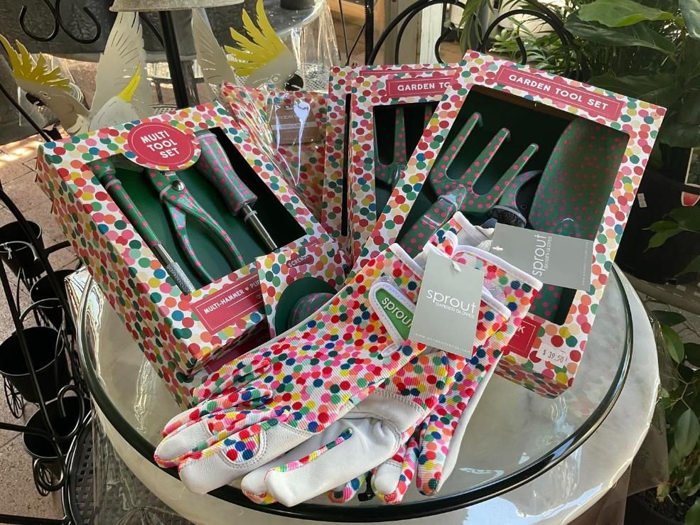 A Pair Of Gloves Sitting On Top Of A Glass Table Next To A Box Of Gardening Tools — Magnolia Nursery In Dubbo, NSW