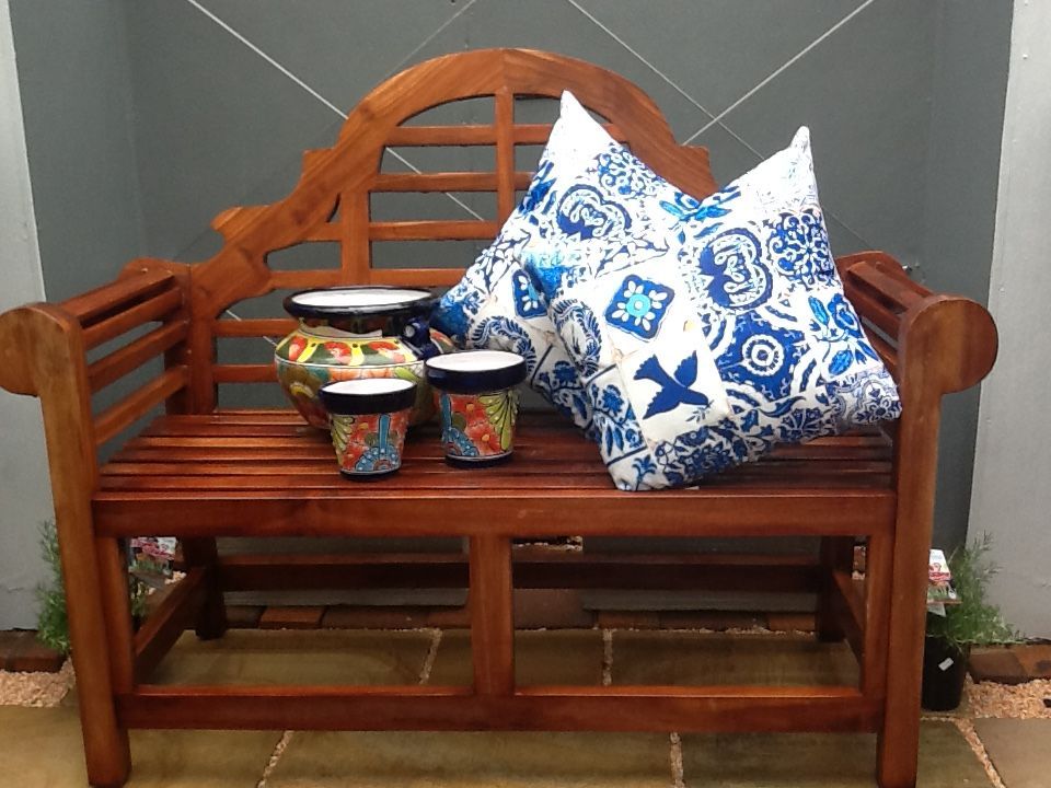 Teak Bench With Colourful Mexican Pot On Top - Magnolia Nursery, Dubbo NSW