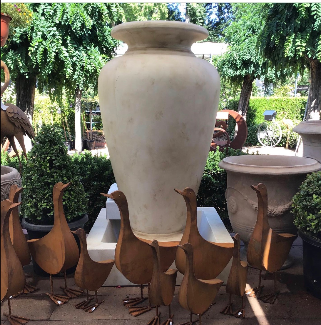 Large Outdoor Pot Alongside Wooden Doves - Magnolia Nursery, Dubbo NSW