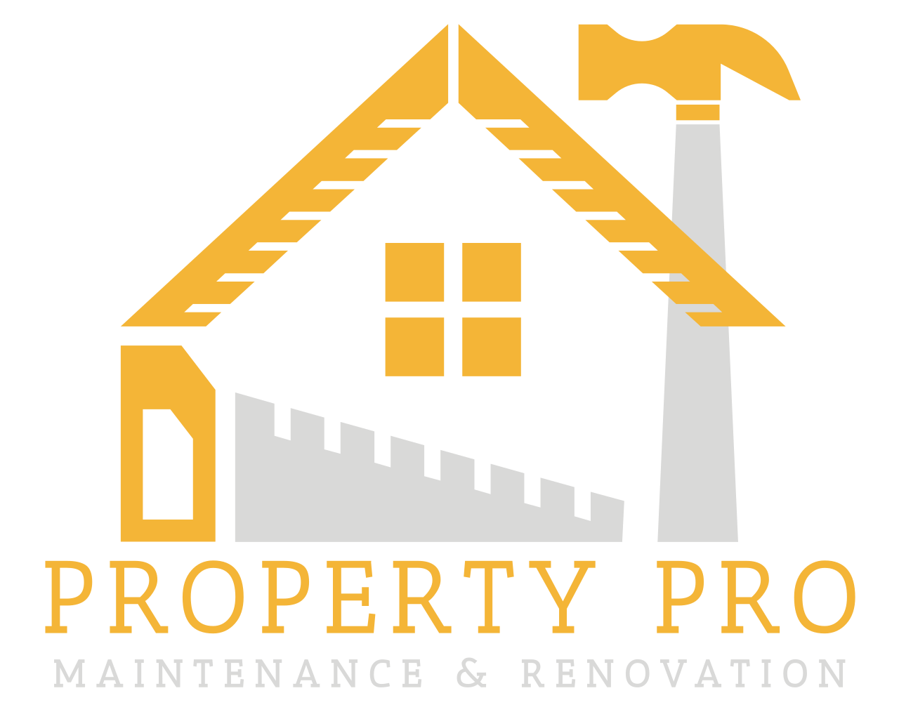 Logo for Property Pro: house shape with saw, hammer; gold and gray colors. Text reads “Property Pro” and “Maintenance & Renovation”.