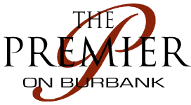 The Premier on Burbank Logo with a red P in the background