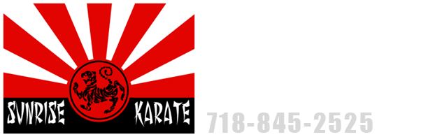a logo for sunrise karate with a red and white flag