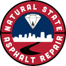 Logo: red and blue circle with "NATURAL STATE ASPHALT REPAIR" text. Diamond and city skyline inside, black road below.