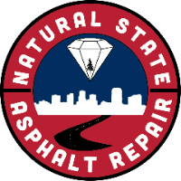 Logo: red and blue circle with "NATURAL STATE ASPHALT REPAIR" text. Diamond and city skyline inside, black road below.