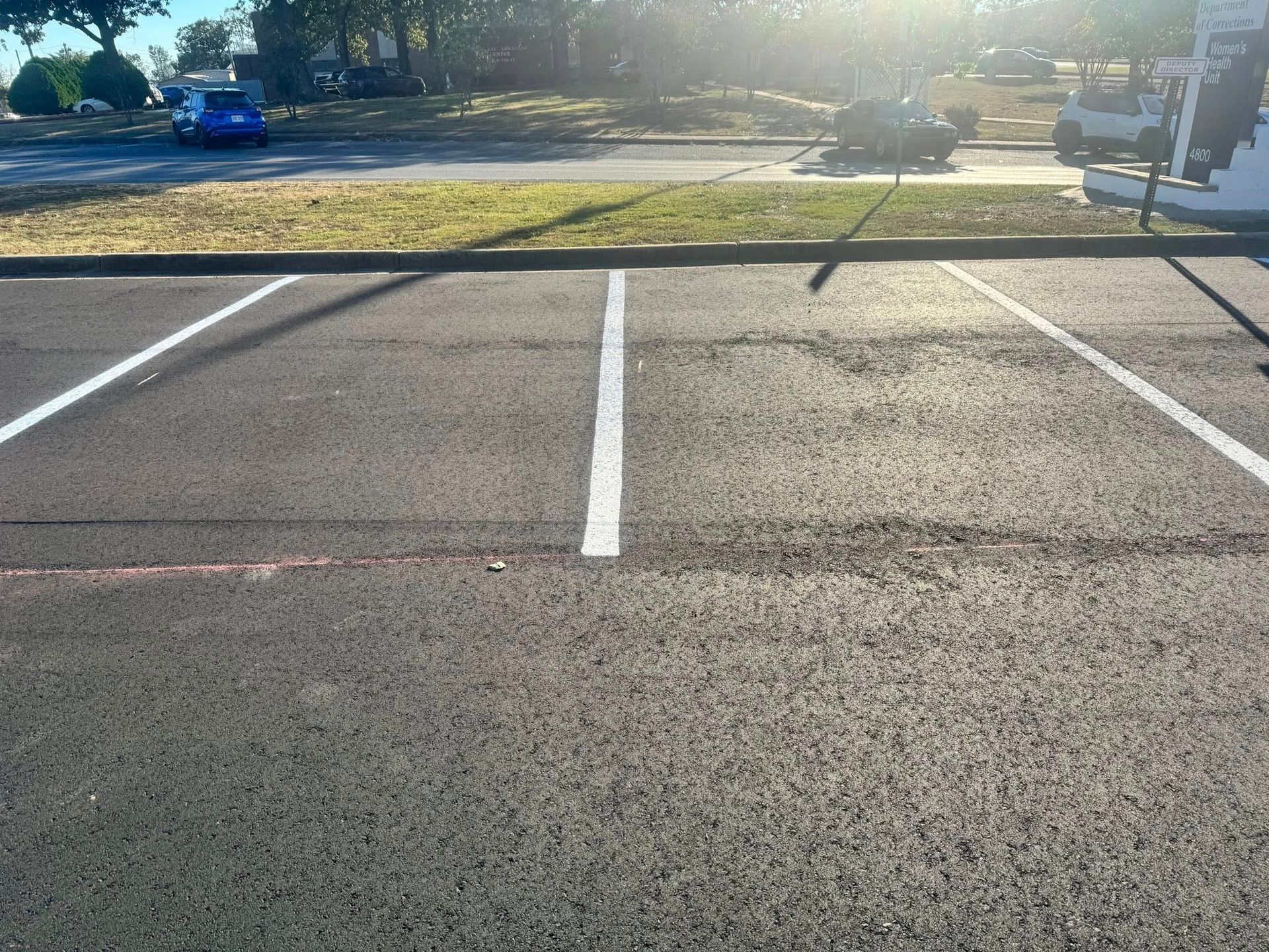 Empty asphalt parking spaces with white painted lines; sunny outdoor setting.