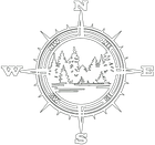 Black-and-white compass rose with N, E, S, W around a circular forest and lake scene.