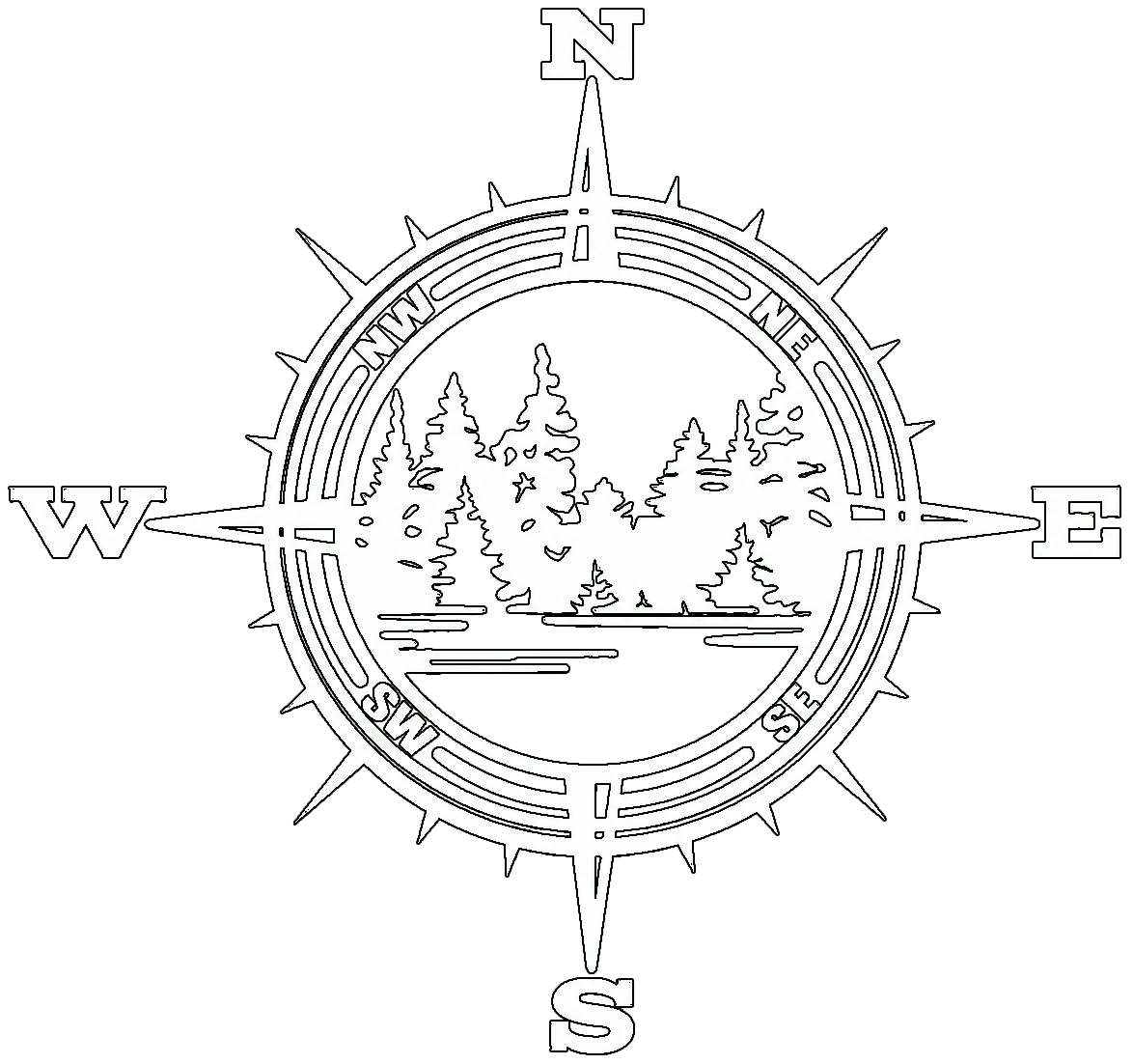 Black-and-white compass rose with N, E, S, W around a circular forest and lake scene.