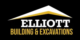 Logo for Elliott Building & Excavations: white text on black with golden accents. Features a roof-like graphic.