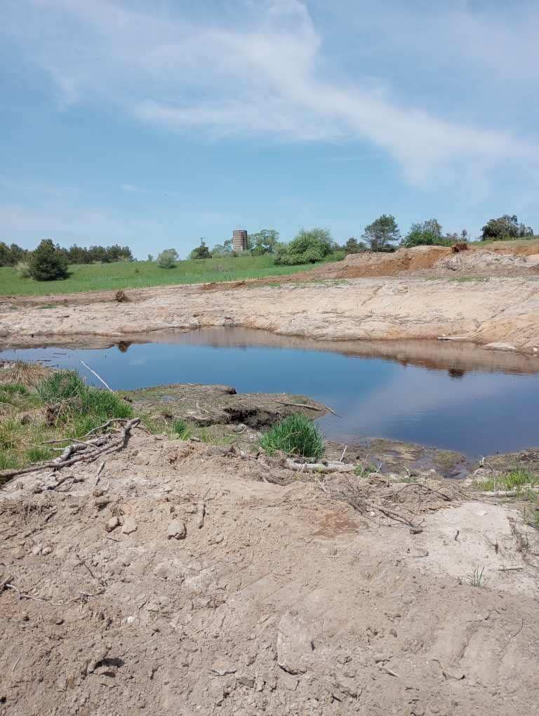A small, dark pond surrounded by dirt and grass, with a building in the distance under a blue sky.